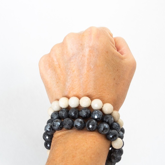 Set of 3 Labradorite beaded stretch bracelets black & cream by Ellei Madison L - Picture 9 of 14